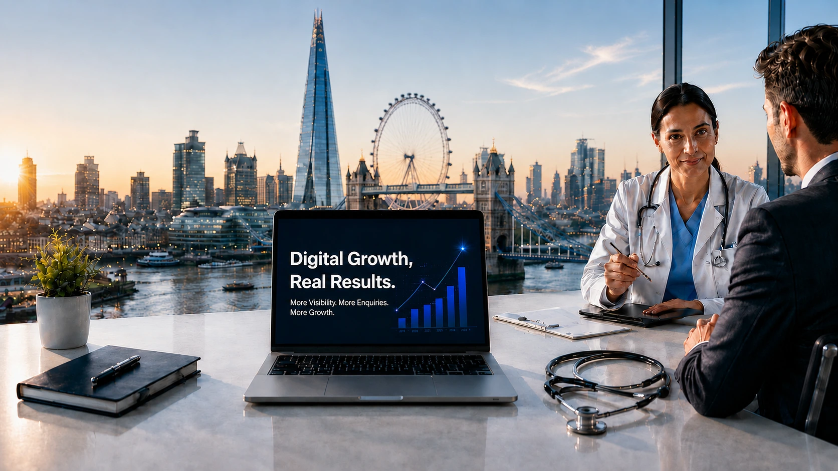 Healthcare digital growth consultation overlooking the London